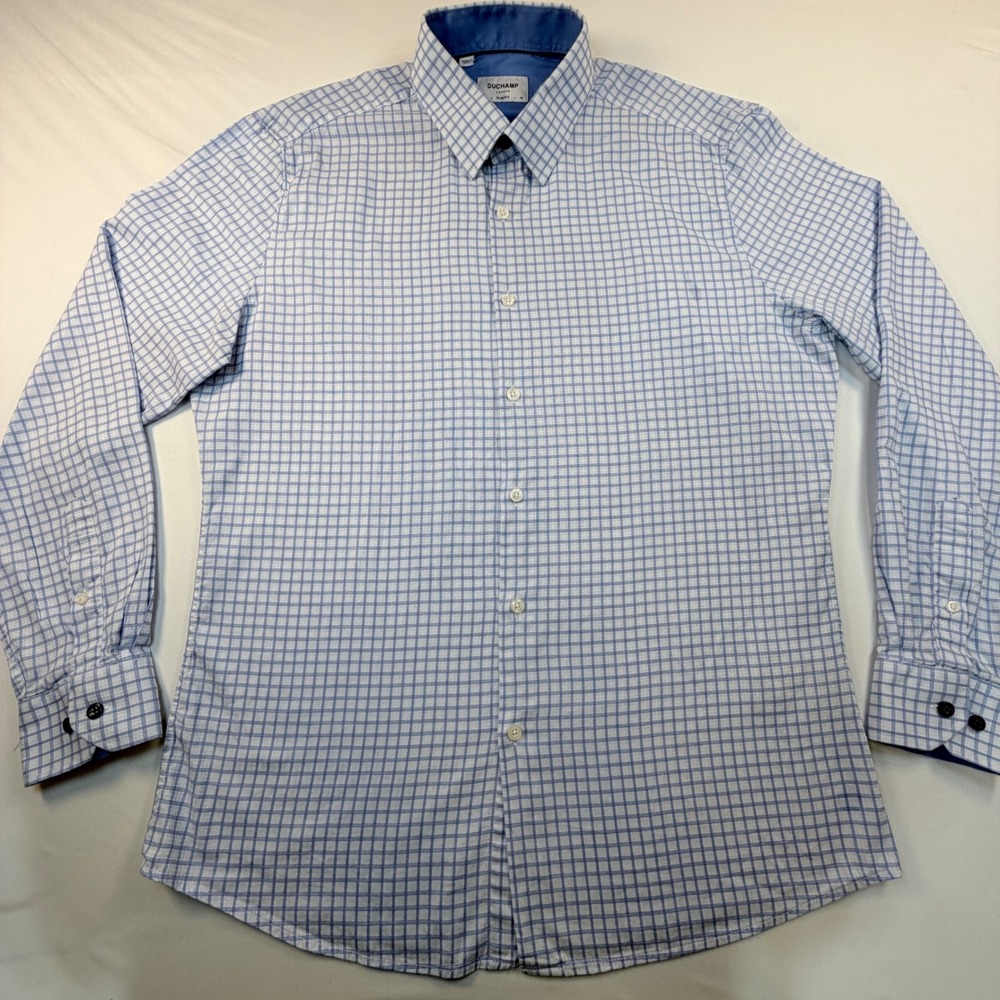 Duchamp London Dress Shirt Men's 16.5 42 L Slim Fit Blue Check Stretch Cotton